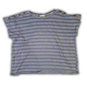 Retrology Blouse Big Button Accents Blue W/ White Strip Stitch